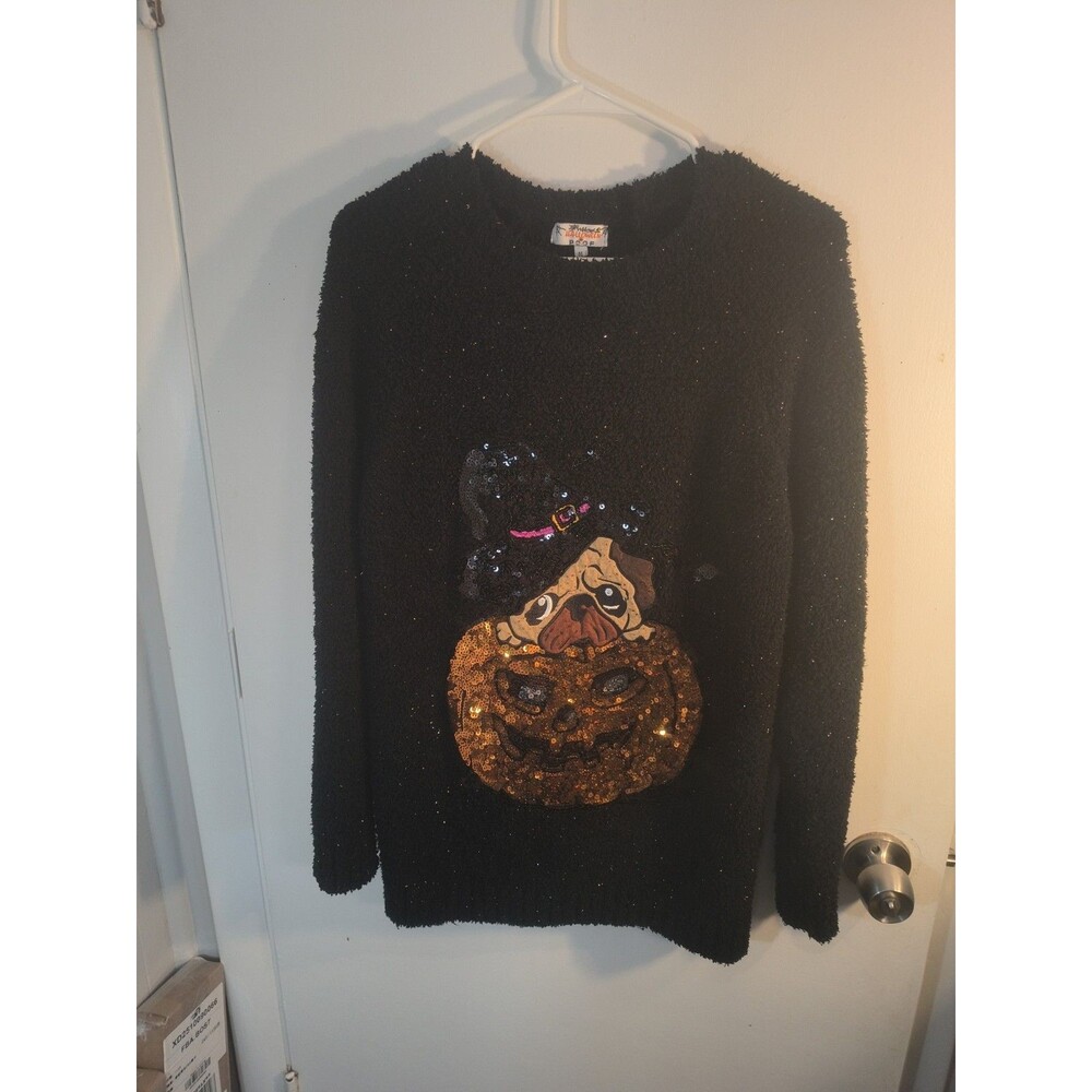 Poof Sweater Womens Medium Black Cozy Halloween Pug Pumpkin Witch Sequin Sparkle